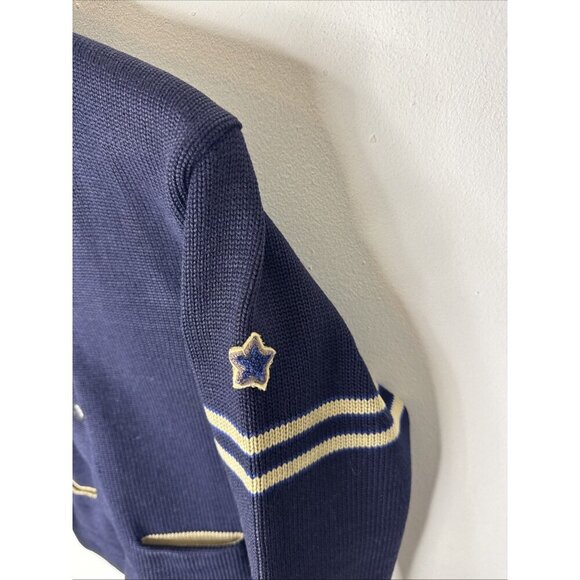Vintage Dehen Varsity Cardigan Sweater Wool Navy Blue Striped Sleeve Star Men S - Picture 2 of 4
